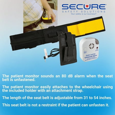 Secure Wheelchair Seat Belt Alarm Set for Fall Prevention / Management - Includes Quick Release Seat Belt, Alarm Monitor, Alarm Holder, and Batteries - One Year Warranty