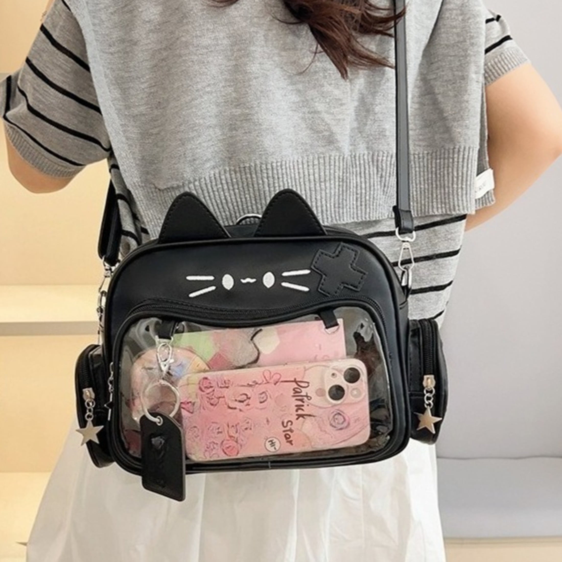 Cat Ita Bag with Clear Window - Kawaii Cat Backpack Purse, PU Leather Pin Display Bag, Adjustable Crossbody Bag for Cosplay, Christmas Halloween Gift