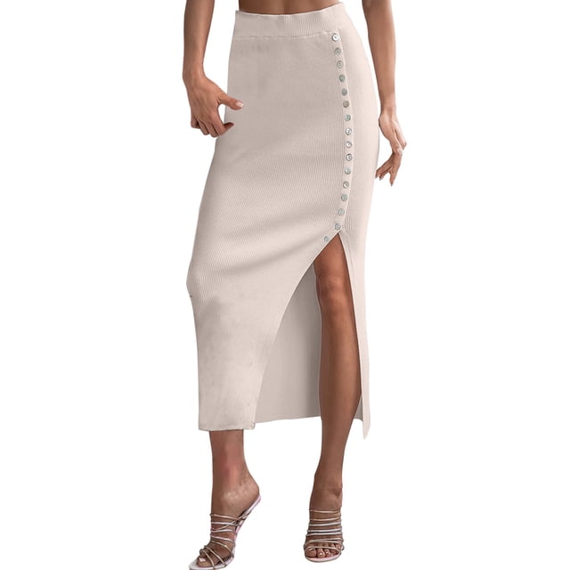 Falda midi elegante de corte lápiz con ribete de lechuga y cintura alta, poliéster, informal de verano