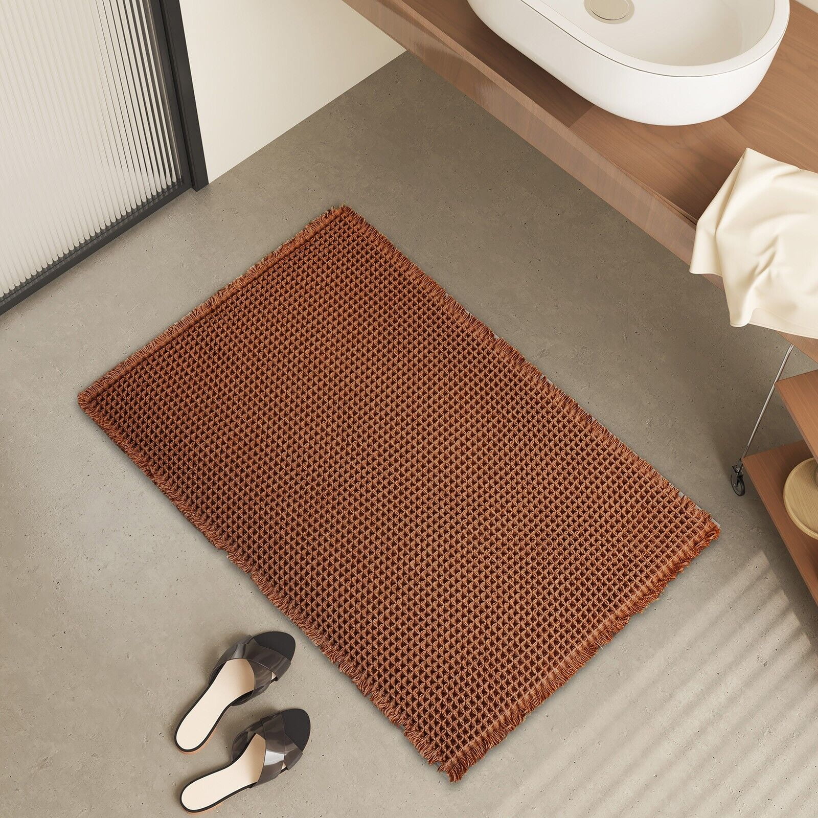 TOPCHANCES Non Slip Bath Mat, Waffle Woven Bathroom Mat, Super Absorbent Shower Mat Bathtub Mat, Front Door Mat with Tassels (23*35 in, Coffee)