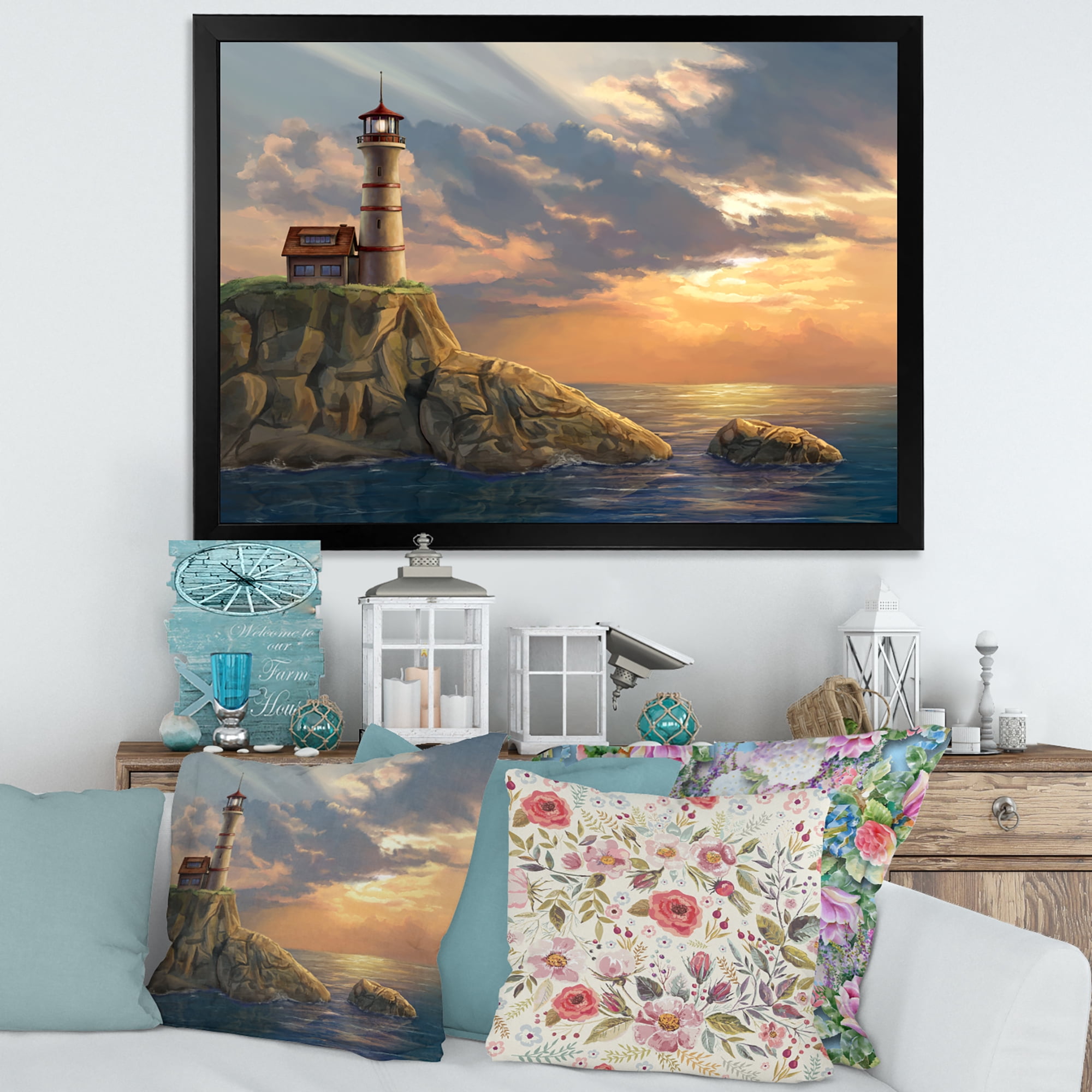Designart 'Lighthouse On A Rocky Coastal Cliff At Evening Light' Nautical & Coastal Framed Art Print