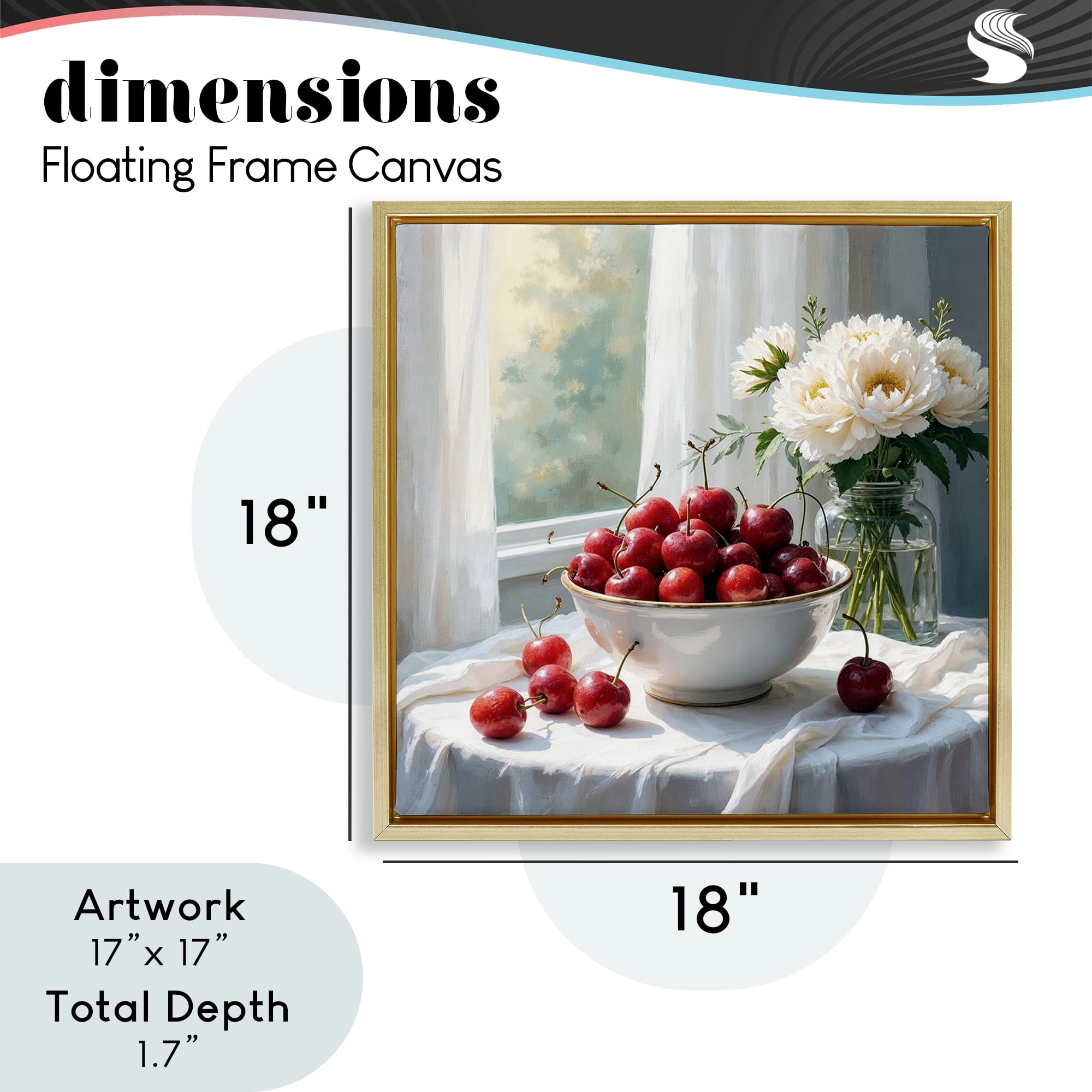 Cherries & Flowers Still Life Gold Framed Floater Canvas Wall Art, design by Lettered and Lined