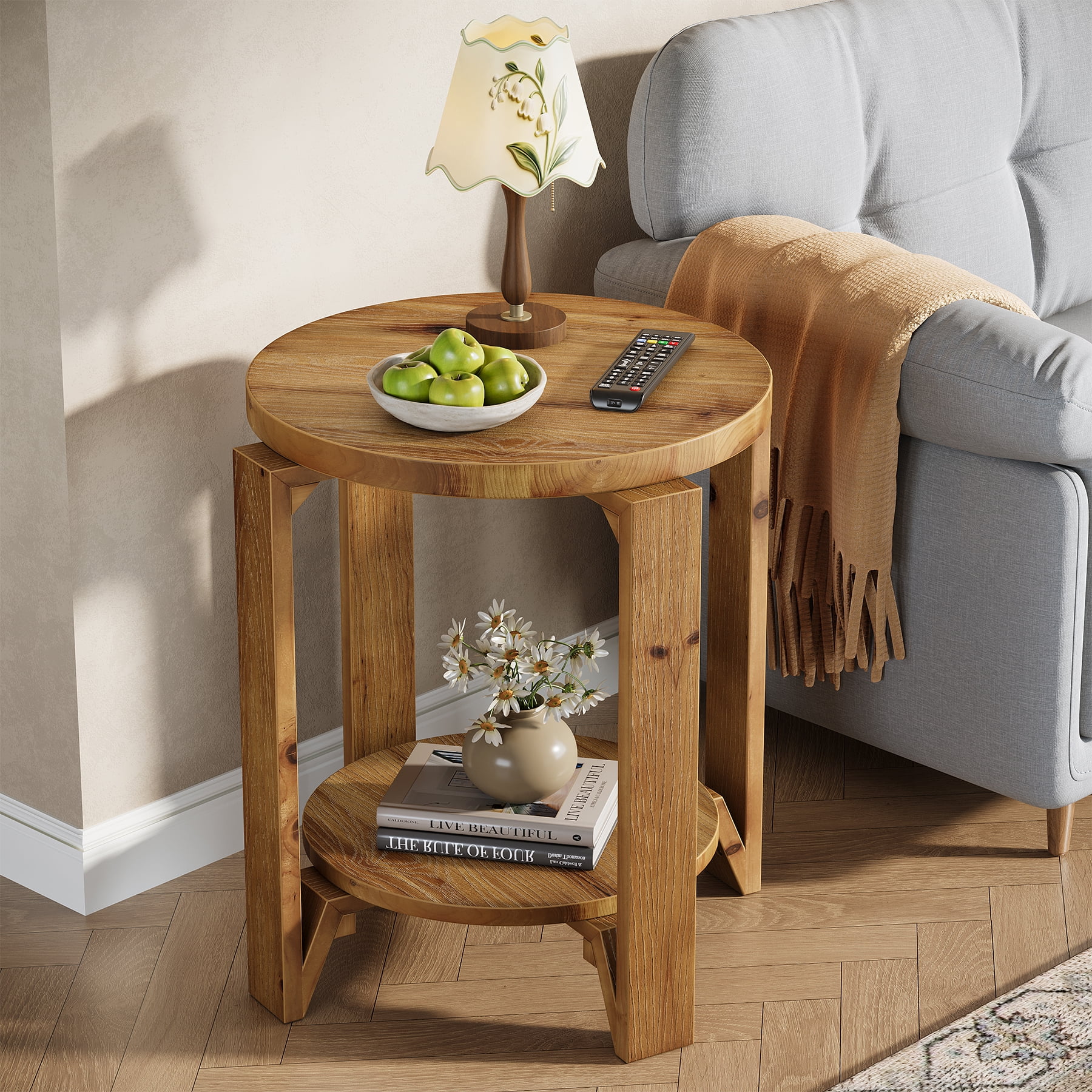 Finmind Solid Wood End Table, 19.69 Inch Round Sofa Side Table with Storage,  2-Tier  Farmhouse Wooden Nightstand for Living Room, Bedroom, Couch, Set of 2, Brown