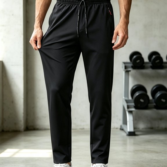 Mens Hiking Pants Lightweight Quick Dry Workout Joggers with Zipper Pockets Breathable Athletic Trousers Black L