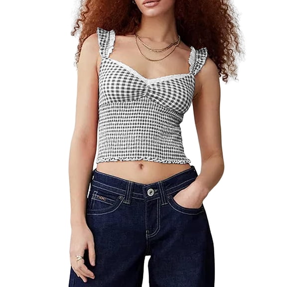 Women Gingham Lace Trim Square Neck Crop Tank Tops Plaid Y2K Sleeveless Slim Fitted Camis Shirts Black S