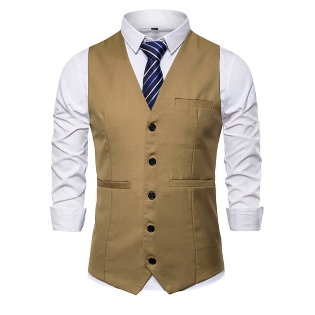 Chaqueta de Traje de Ocio de Bolsillo sin Cuello en V de Color Sólido sin Mangas, Trajes de Hombre de Ajuste Delgado para el Uso Formal Informal