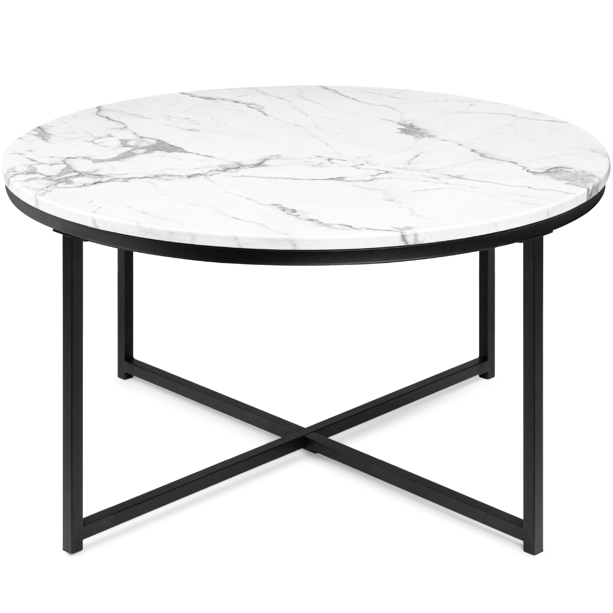 Best Choice S 36in Faux Marble, White Round Side Table Black Legs Wood Top