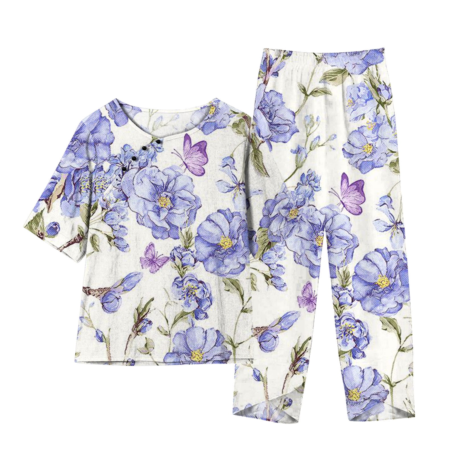 Womens 2 Piece Linen Pants Sets Floral Print Short Sleeve Loose Tops ...