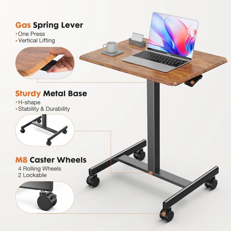 Kelno Small Mobile Desk Adjustable Height Laptop Desk with Lockable Wheels, Rustic Brown