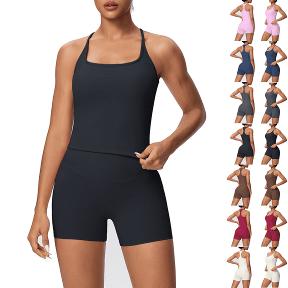 Workout Sets for Women Spaghetti Strap Racerback Tank Tops and High Waist Shorts 2 Piece Gym Yoga Running Sets Tracksuit