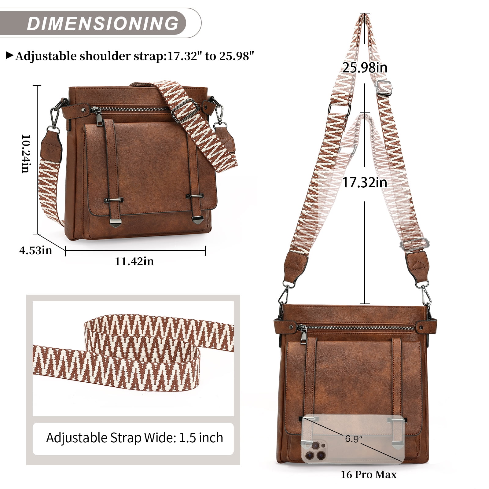 KALUNMA Crossbody Bags for Women Multi Pocket Vegan Leather Shoulder Handbags Travel Purse with Adjustable Strap