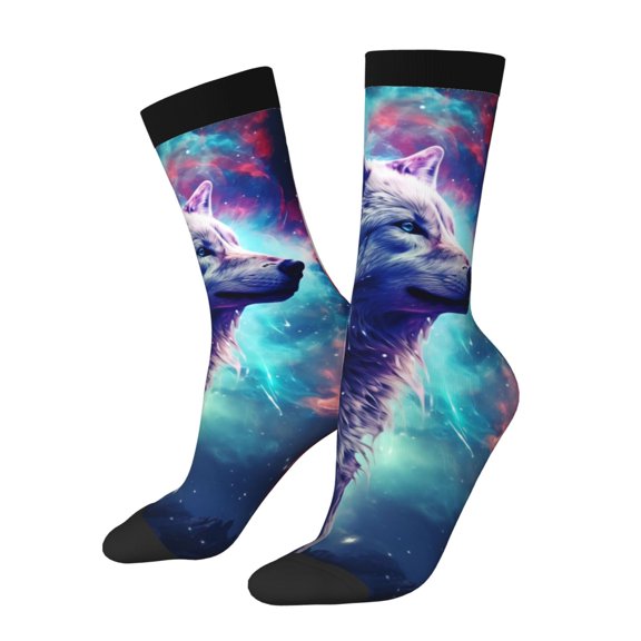 KLL Starry Multicolored Wolf Print Cool Socks Men's Women's Crew Socks Funny Crazy Novelty Stockings