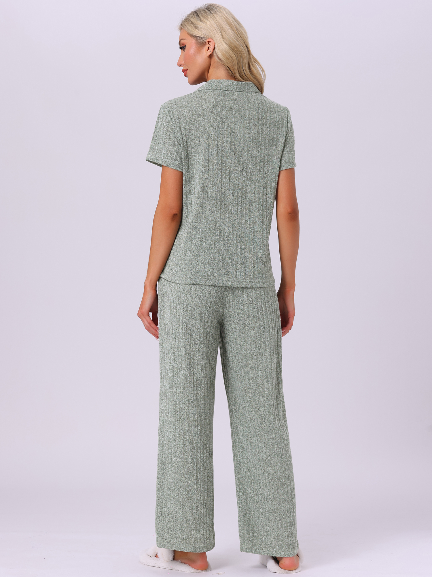 DARING DIVA Ribbed Knit Lounge Set Short Sleeve Wide Pants Button Up 2XL Green