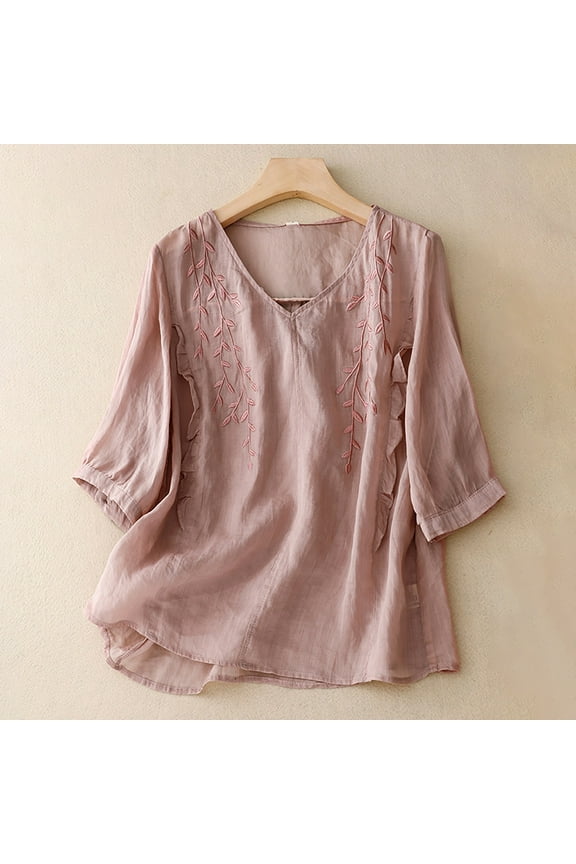 3/4 Sleeve Tops for Women Peasant Tops Loose Tunics Top Dressy Casual Blouses Summer Gauze Shirts Elbow Sleeve Bohemian Tops Summer Tshirts Loose Fit Blouses Summer Tops for Women L