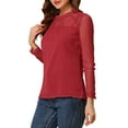 thumbnail image 4 of INSPIRE CHIC Women's Round Neck Casual Blouses Lace Floral Long Sleeve Chiffon Tops S Red, 4 of 6