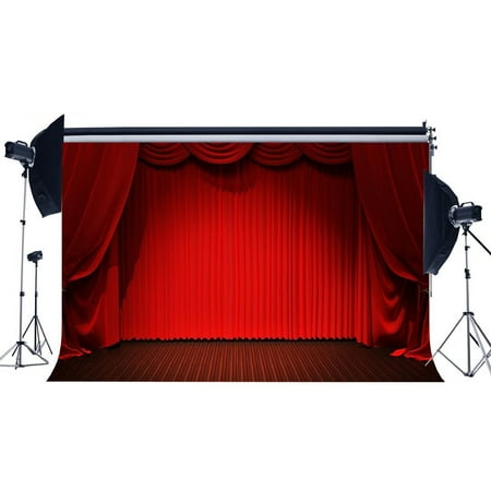 HelloDecor Polyster 7x5ft Photography Backdrop Stage Lights Red Curtain Vintage Wood Floor Interior Theater Wedding Backdrops for Baby Kids Adults Portraits Background Photo Studio