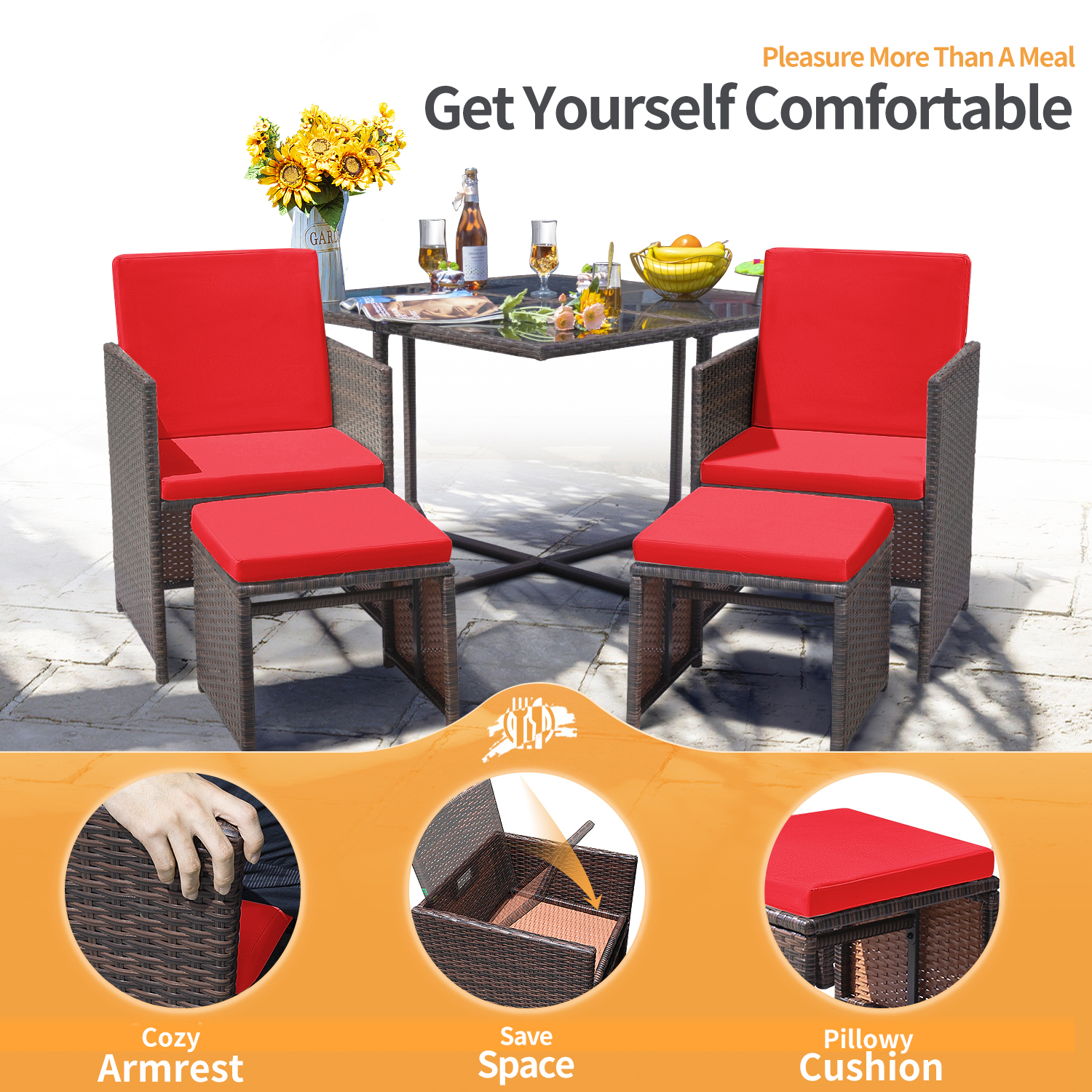 Lacoo 9 Pieces Patio Dining Sets Outdoor Indoor Furniture Patio Wicker Rattan Chairs and Tempered Glass Table Sectional Set Conversation Set Cushioned with Ottoman, Red, 8 - image 5 of 7