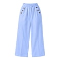 thumbnail image 4 of VEKDONE Lounge Pants for Women Cotton Elastic High Waist Palazzo Pants Button Decorative Straight Leg Trousers Summer Loose Fit Comfy Wide Leg Pants with Pockets Light Blue XXL, 4 of 7
