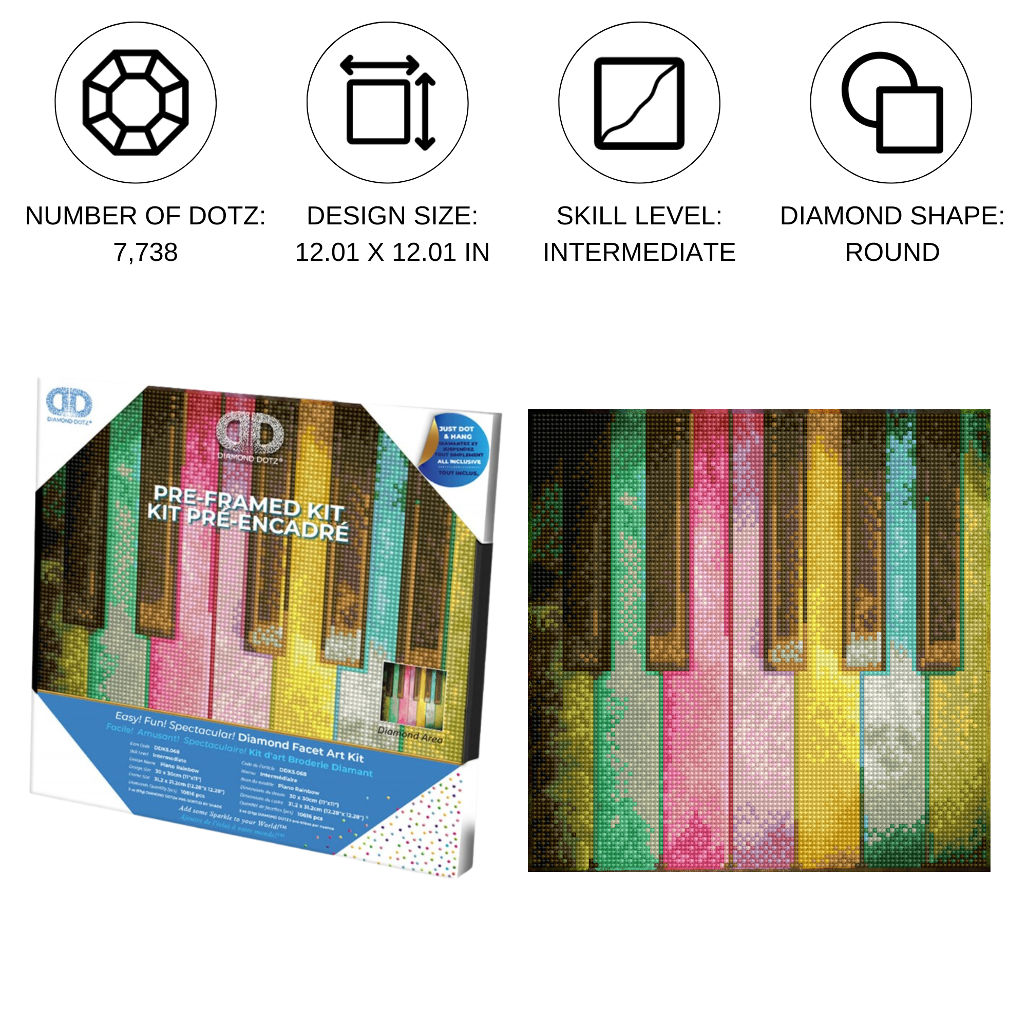 Diamond Dotz Piano Rainbow with Frame Music Diamond Painting Kits for Adults - Diamond Art Kits a Relaxing Creative Craft Kit with Dotz Gems 11.8x11.8