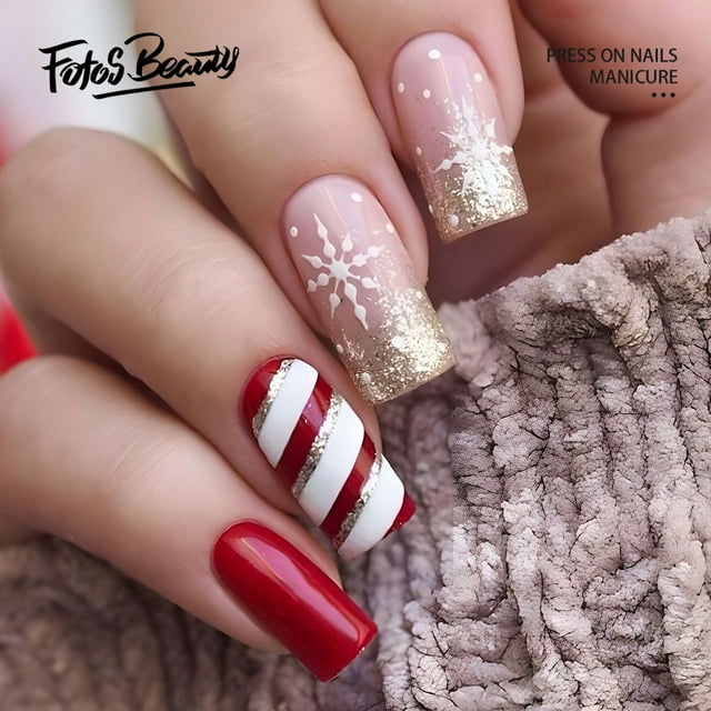 Christmas Decoration Fofosbeauty False Nails, Coffin Press on Nails Tips Design, Powder Snowflake Gold