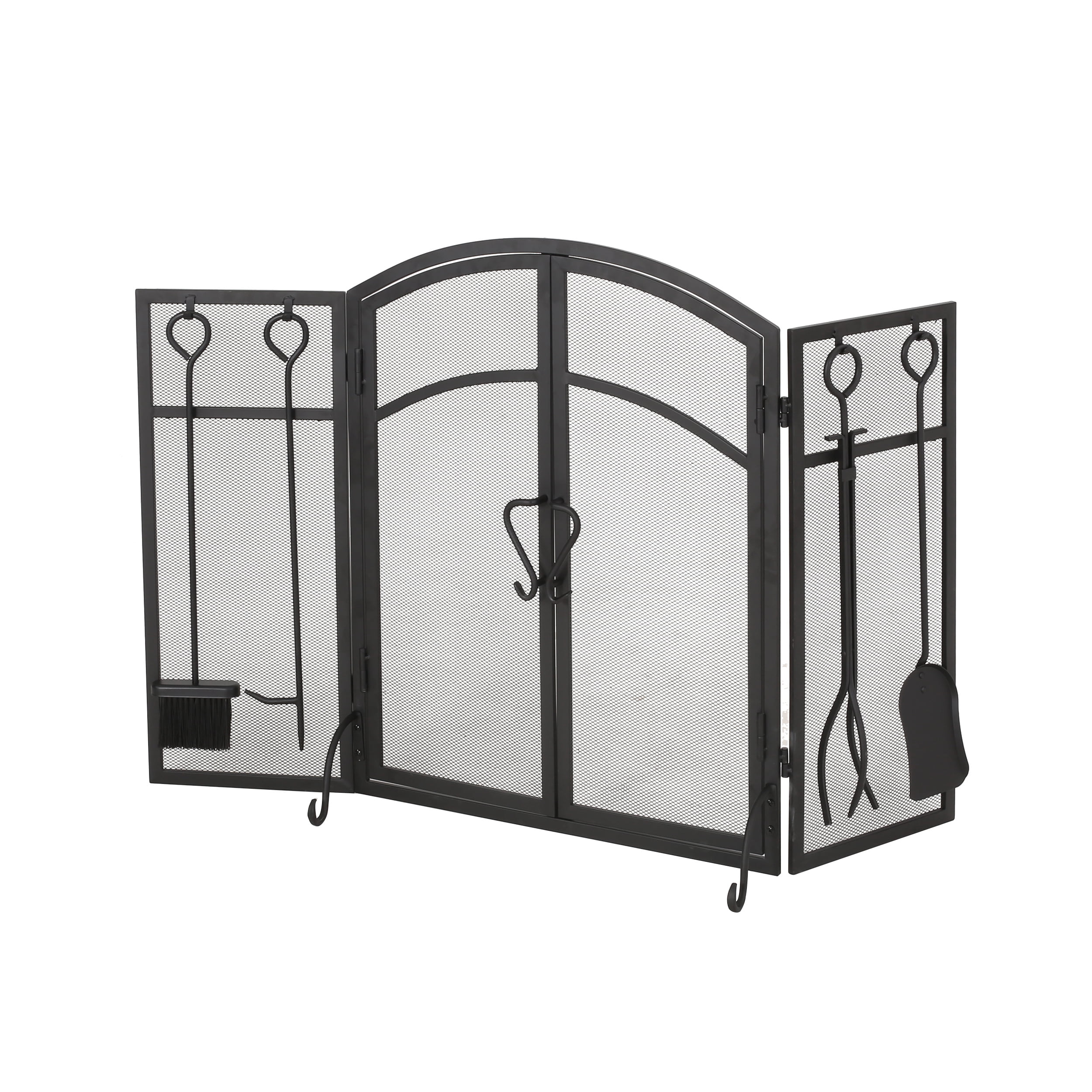Noble House Nevaeh Modern Iron Folding Fireplace Screen with Door and Tools, Matte Black