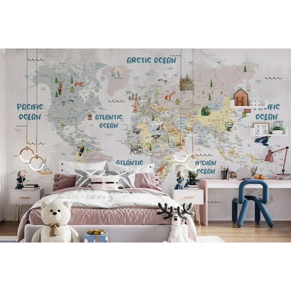 Muravie Cute Animal World Map For Kids Wallpaper