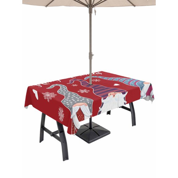 Outdoor Tablecloth with Umbrella Hole and Zipper, Christmas Red Rectangle Table Cloth 60x102 Inch Waterproof Tablecloth, Cute Gnomes Xmas Winter Snowflakes Picnic Table Cover for Patio Camping