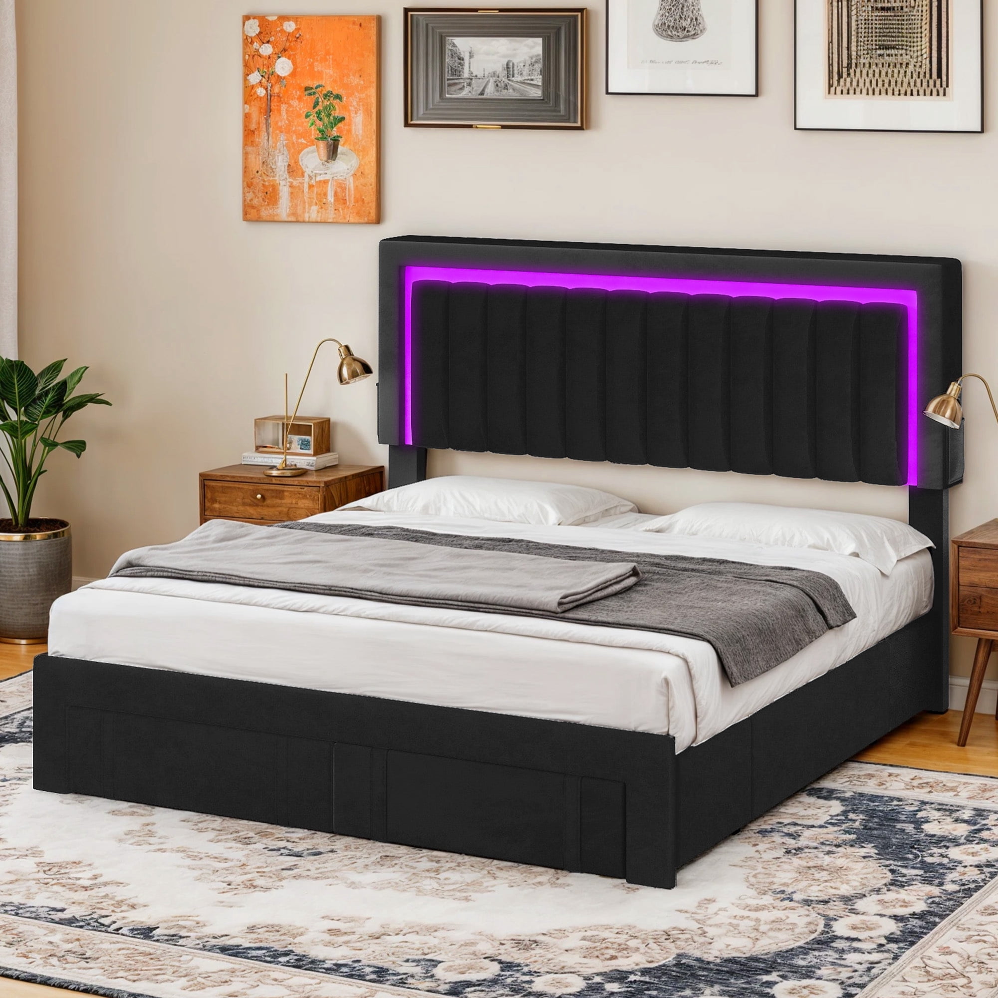 Uforic Queen Size Upholstered Bed Frame with 4 Underbed Storage Drawers, No Box Spring Required, Black