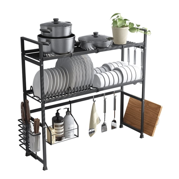2 Tier Over the Sink Dish Drying Rack with Utensil Holder Kitchen Dishes Drainer Shelf Washing Organizer