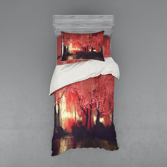 Ambesonne Nature Bedding Set 3 Pcs, Charming Mist Forest, Twin, Brown and Ruby