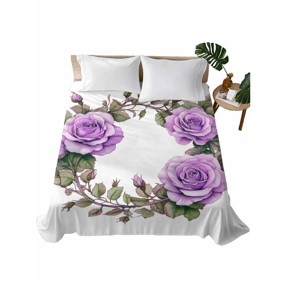 Twin Flat Sheet 66"x96", Purple Rose Soft Lightweight Bedding Flat Sheets Only, Spring Flower Watercolor Modern Floral Leaf Brushed Microfiber Top Bed Sheet, Breathable StainResistant Bedsheets