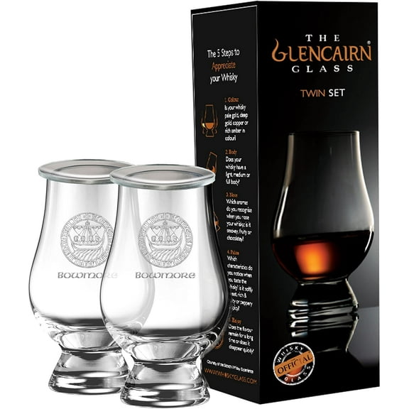 GLENCAIRN BOWMORE ISLAY CREST BRANDED WHISKY GLASS, SET OF 2 IN TWIN GIFT CARTON WITH WATCH COVERS