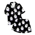 thumbnail image 3 of Halloween Pajamas Women Ghost Printed 2 Pc Short Sleeve Pocket Button Down Lapel Shirts Loose Shorts Sleepwear Casual Nightwear Comfy Silk Womens Loungewear Set Multicolour M, 3 of 3
