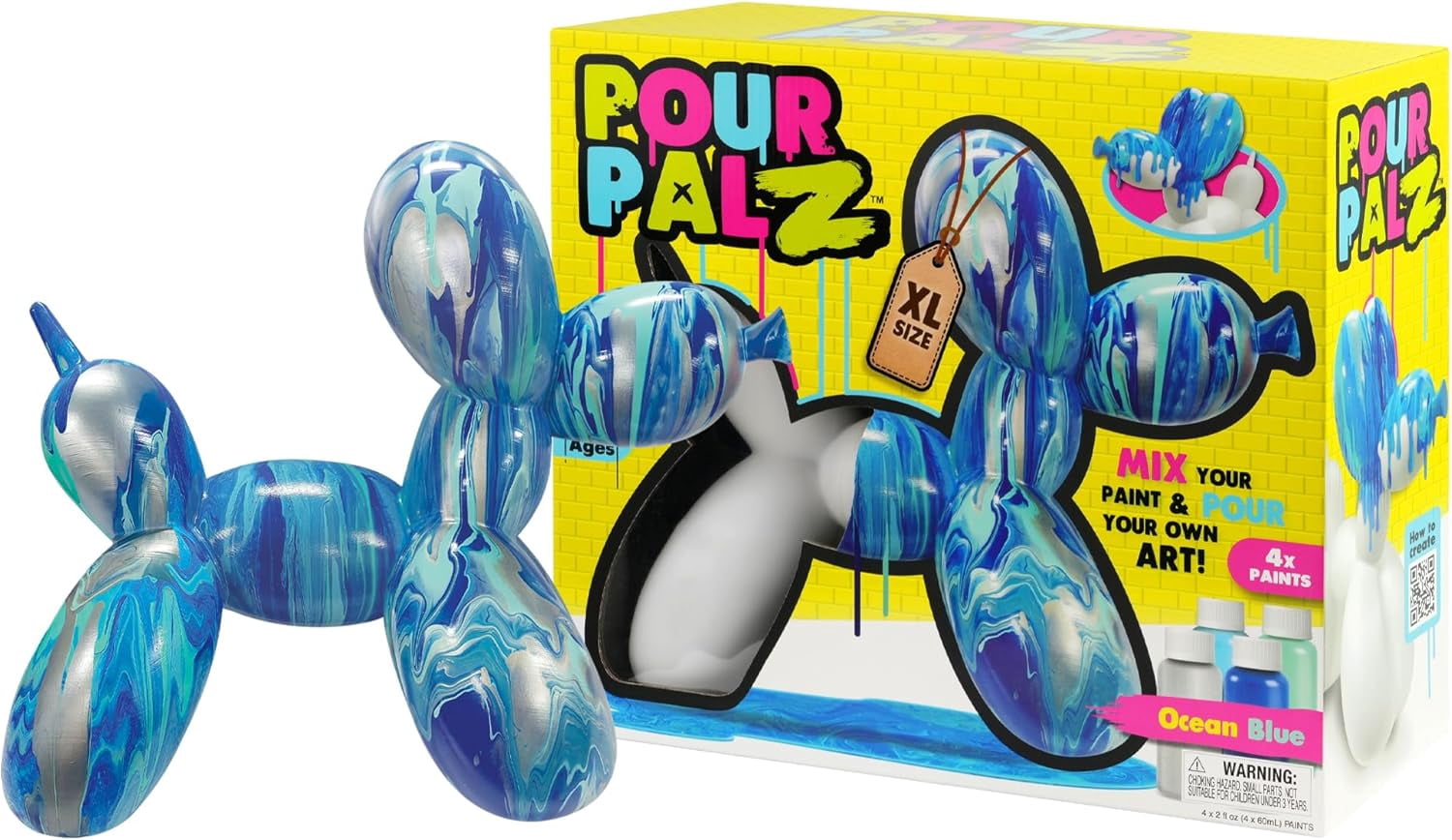 Pour Palz DIY Paint Pouring Kit – 1 XL Balloon Dog, 4 Acrylic Pour Paints, Mixing Cups & Tools, Create Unique Marbled Art, Fun Hands-On Craft Kit for Kids & Adults, Ocean Blue, Ages 5+