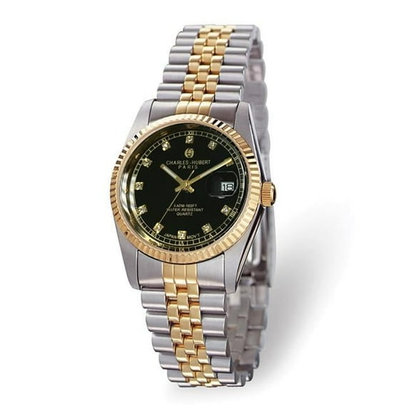 Charles Hubert Mens Classic Two-tone SS Black Dial Polished Watch
