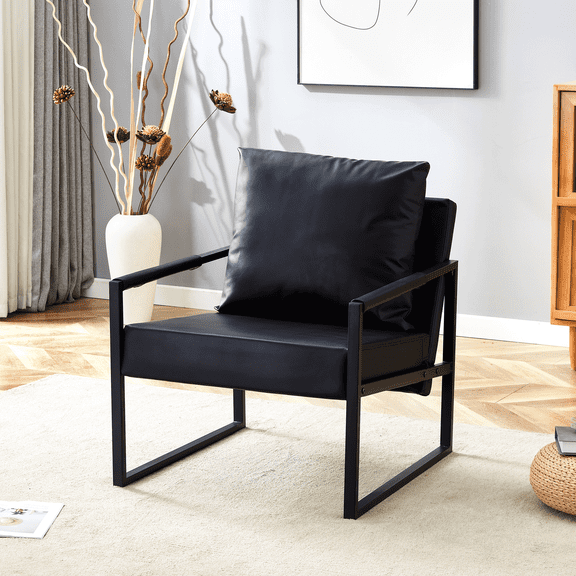 Oufan Classic Armchair, PU Leather Accent Chair with Metal Legs, Modern Square Chair with Headrest & Upholstered for Kitchen, Living Room, Black