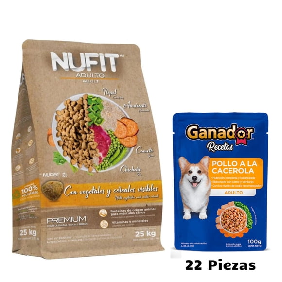 Nufit Adulto 25 Kg + Sobres Pollo Cacerola 100 g (22 Pza)