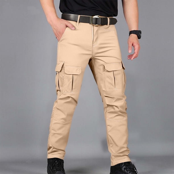 Pantalones largos para hombre, de color liso, informales, con bolsillos, para trabajo, para actividades al aire libre, rectos, de poliéster.