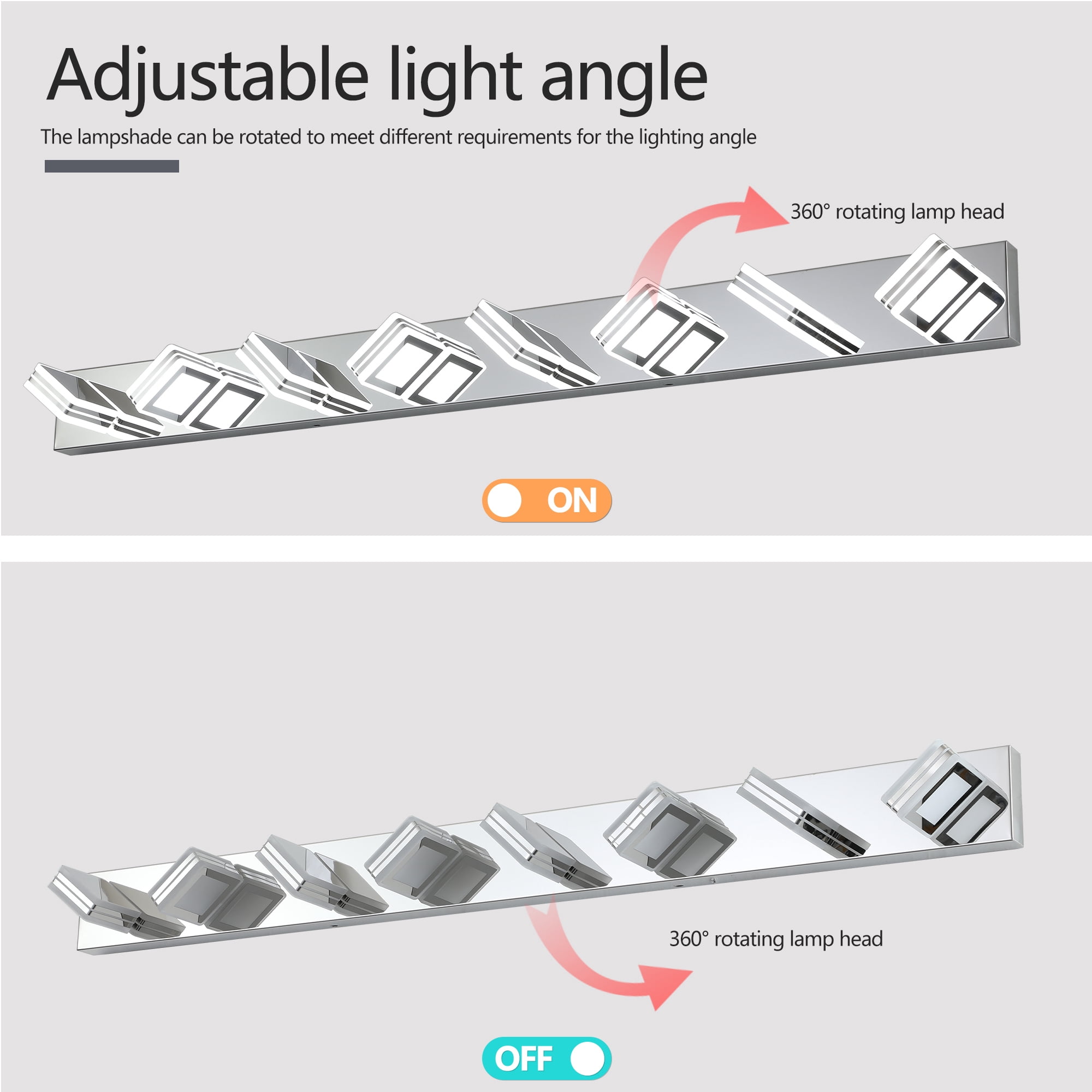 52" Modern Chrome 8-Light LED Vanity Light, Square Acrylic Lampshades Wall Mount Fixture for Bathroom, Mirror Lighting