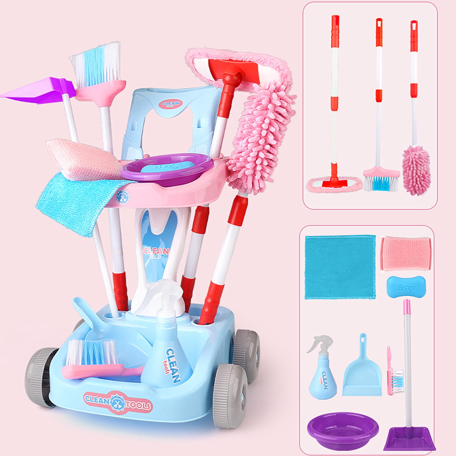 Kids Toddler Pretend Play Housekeeping Cart Cleaning Toy Set For Kids
