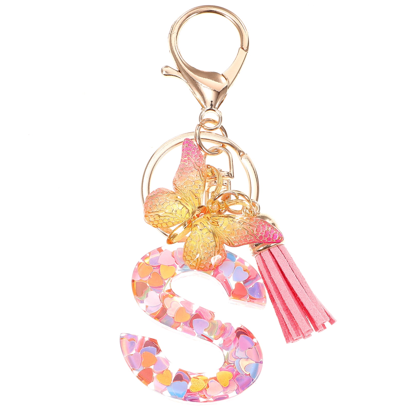 Gierzijia Blue Heart Sequins Butterfly Tassel AZ Alphabet Resin Keychain,  Initial Letter Key Ring Accessories Bag Charms