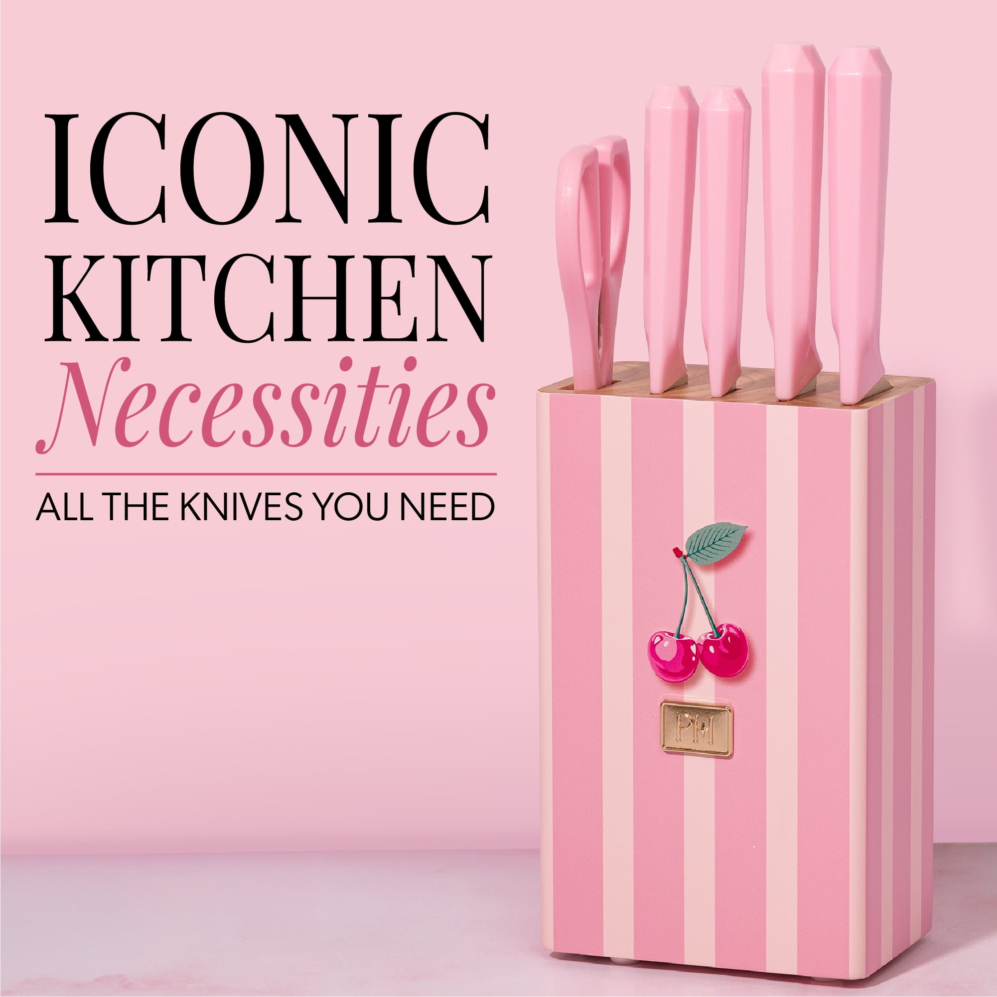 Paris Hilton 6-Piece Cutlery Block Set, Titanium-Coated Stainless Steel Blades, Cherry Print Block, Pink Faceted Handles