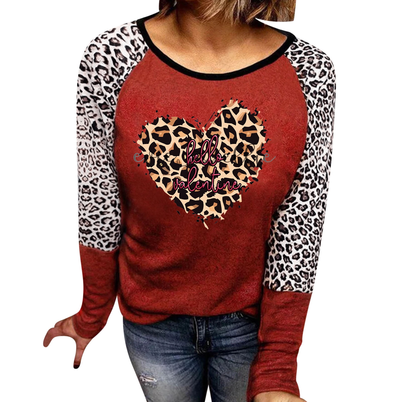 sebulube Ladies Long Sleeve Valentine's Day Print Casual Sports Top Women  O-Neck Sleeves Patchwork Women's Tops