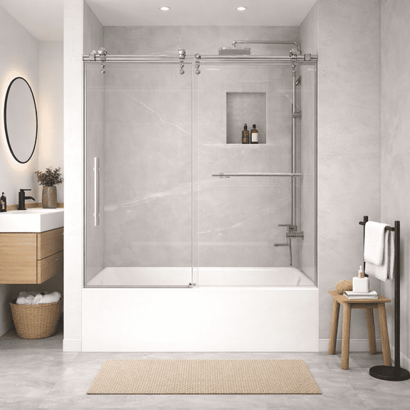 56-60" x 66" H Frameless Sliding Bathtub Door, Tub Shower Door, 5/16" (8mm) Clear Tempered Glass, Stainless Steel Frame,Brushed Nickel