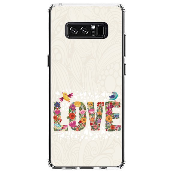 DistinctInk Clear Shockproof Hybrid Case for Samsung Galaxy Note 8 - TPU Bumper, Acrylic Back, Tempered Glass Screen Protector - Spring Collection - Floral LOVE Birds