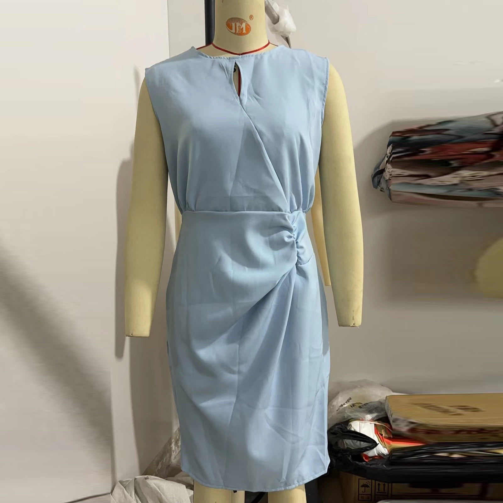 Elegant Wear to Work Dresses for Women Keyhole Sleeveless Sheath Bodycon Ruched Business Office Pencil Midi Dress