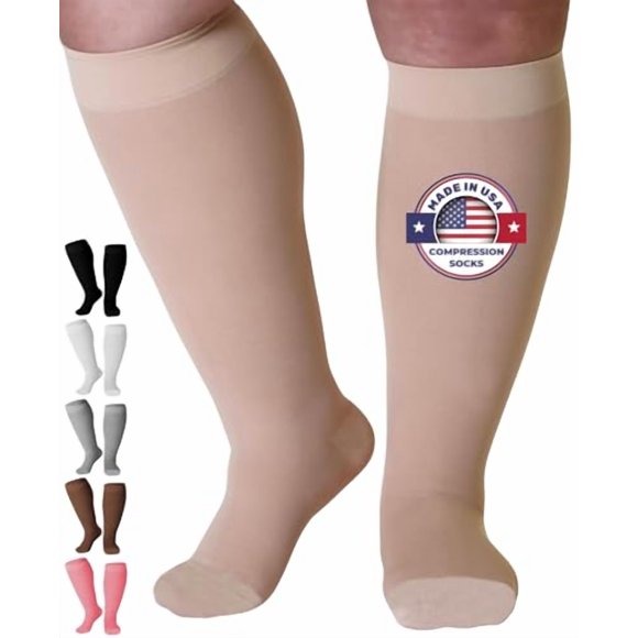 Mojo Compression Socks pour Femmes et Hommes 20-30mmHg Bas de Compression Médicale Unisexe pour Soins Infirmiers, Avion, Voyage Circulation - Beige, TG - AB201