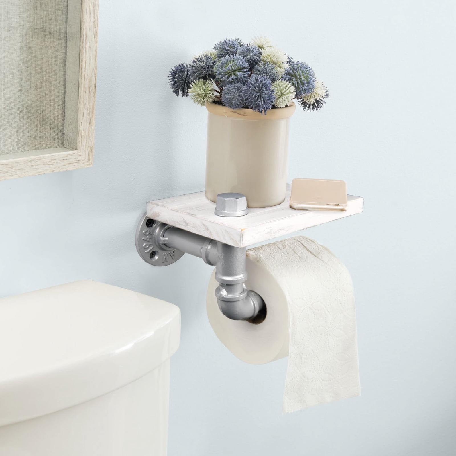 Excello Global Products Industrial Toilet Paper Holder with Distressed White Wooden Shelf and Silver Iron Pipe Hardware for Bathroom, Washroom - EGP-HD-0061A