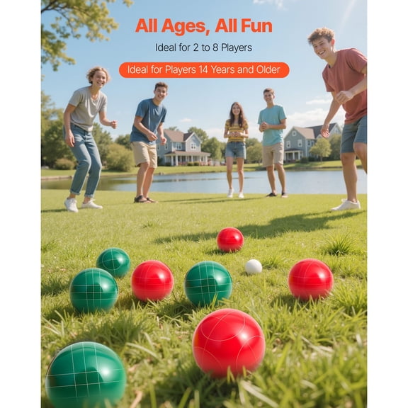 Bocce Ball Set,107 mm,with 8 Resin Balls,Pallino,Carrying Bag&Measuring Rope,Red&Green 2 Colors,for 2 to 8 Players,Bocce Ball Game Set for Beach,Lawn,Family Backyard,Outdoor