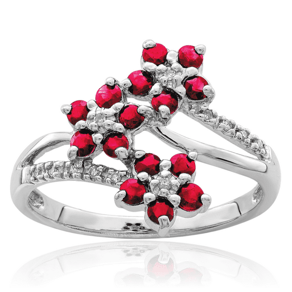 925 Sterling Silver 3 Flower Red Ruby Diamond Ring Gemstone Band